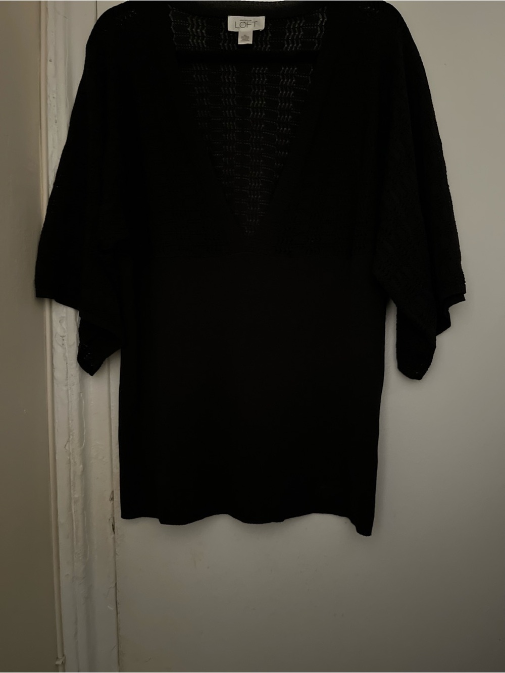Ann Taylor Loft v neck stretch partial lacy kimono 3/4 sleeve black sweater XL